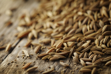 Close-up of cumin seeds scattered on a wooden table