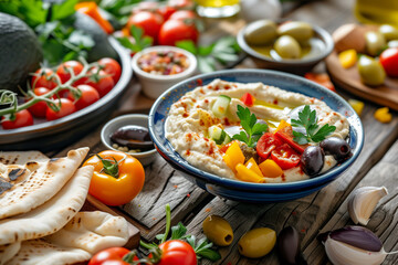 A vibrant spread of Mediterranean food featuring hummus, olives, grilled vegetables, and fresh pita bread on a rustic wooden table