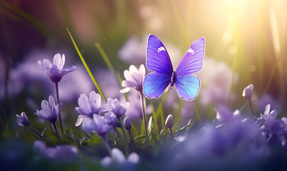 Purple butterfly on wild purple flowers in grass in rays of sunlight.