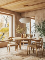 Minimalist Dining Room Interior with Premium Wood Furnishings, Soft Lighting, and Contemporary Decor. 3D Rendering Illustration