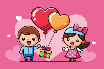 Happy valentine's day banner with cute cartoon couple character and love vector illustration