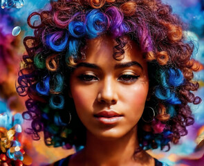 Calm  beautiful African American woman with thick curly hair  posing indoors. Attractive young adult lady face on abstract background . Close up portrait