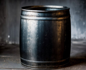 Metal barrel on blurred background. Chemical storage for petroleum products