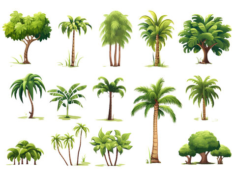 Set of tropical tree collection isolated on white or transparent background