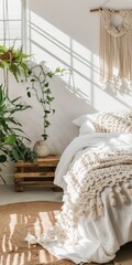 Minimalist Bedroom: Cozy Knit Blanket on Wooden Bed with Plant Shelf