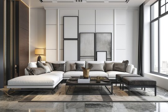 Luxurious Modern Living Room Interior with Picture Frames and Decor