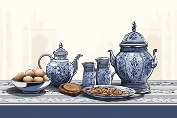 a decorative table with a set of blue and white tea and snacks, the ceramic tableware set includes a blue coffeepot and plates