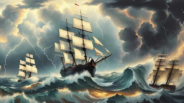 Olden sailing ship on rough sea