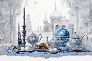a sketch of Ramadan iftar, a white table filled with beautiful dishes, cups, and plates, the antique blue tile art wallpaper, a dining table with blue and silver plates