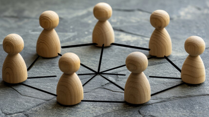 network or hierarchy concept with wooden figures connected by black lines on a dark, textured background.