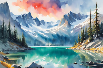 Watercolor picture of a blue lake in the Rocky Mountains in the twilight