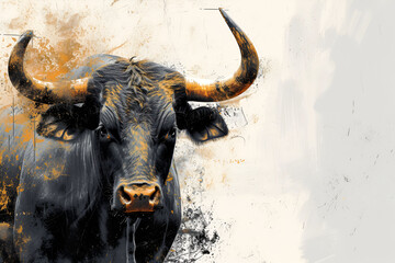 Big black bull with huge horns on a gray background. Close-up. 