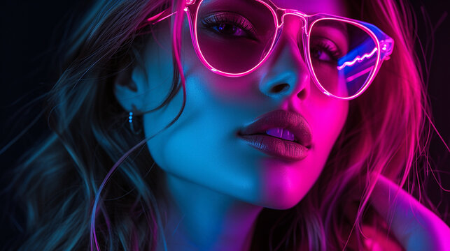 Portrait of a girl in neon light with cyberpunk sunglasses.