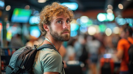 Young man with backpack waiting in a busy airport terminal.