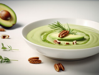 Gourmet avocado soup garnished with pecans and herbs in a white bowl.