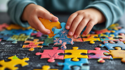 Close-up of a child's hands piecing together a colorful jigsaw puzzle.