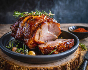 Closeup of delicious smoked pork roast on a plate