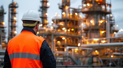 Worker in safety gear oversees refinery.