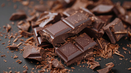 Close-up of dark chocolate pieces with shavings.