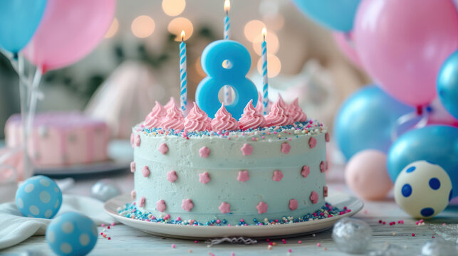 Eighth Birthday Celebration Cake with Balloons
