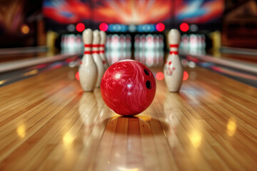 Red Bowling Ball on the Verge of a Strike at Bowling Alley - obrazy, fototapety, plakaty