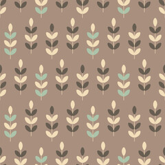 Abstract seamless pattern. Colored leaves on a brown background. Can be used for textile, wrapping paper, clothing printing, fabric design, home textile, baby wallpaper, web page design.