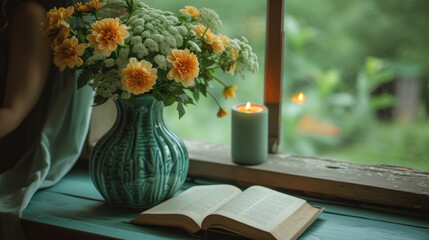 Cozy Reading Nook with Flowers, Book, and Candle on Window Sill