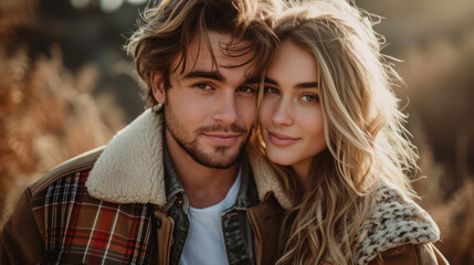 Obraz premium Romantic Young Couple Embracing Outdoors