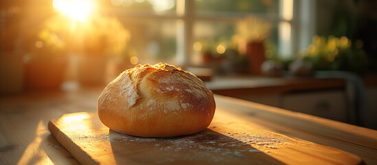 Fresh baked loaf of white wheat bread. Homemade, artisan food. - obrazy, fototapety, plakaty