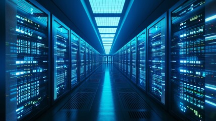 Fototapeta premium A corridor of server racks in a futuristic data center illuminated by blue neon lights, symbolizing high-speed data processing.