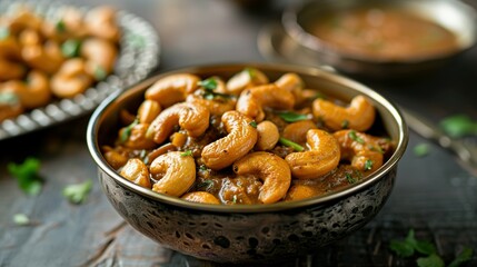 Cashew Curry  Indian kaju masala served in a bowl or pan. selective focus