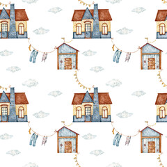 A pattern with houses is watercolor hand drawn illustration. house, cottage, country house, townhouse, tractor