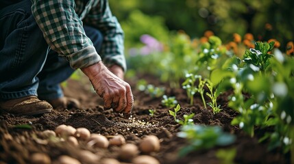 An elderly man is planting seeds in the garden. Close-up of a man's hands planting seeds in the soil. Spring work in the garden at the cottage.
