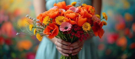 Woman holding in hands colorful flower bouquet. Floral gift, present. Spring background wallpaper, banner. February 14, valentine's day, 8 march international women's day theme.