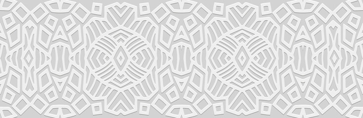 Banner, tribal abstract cover design. Relief geometric 3D pattern on a white background. Vintage artistic art, ethnicity of the East, Asia, India, Mexico, Aztec, Peru.