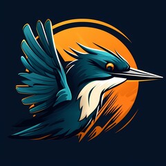 A dynamic and energetic kingfisher face logo illustration, conveying agility and motion, standing out against a vibrant and energetic solid backdrop