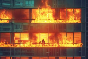 Fire in an office building on several floors. A silhouette of a man in the window - obrazy, fototapety, plakaty