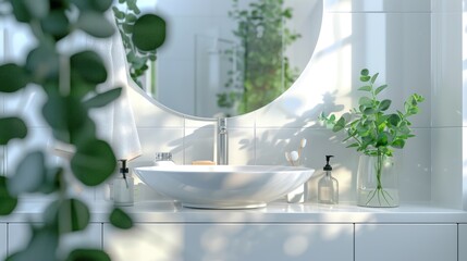 Stylish mirror, eucalyptus branches, and vessel sink in a modern bathroom. Interior design