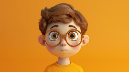 3D-rendered character of a young boy with glasses and a surprised expression against an orange backdrop ai generative