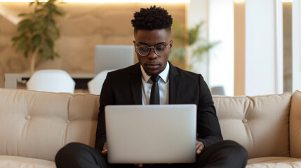 A professional dressed in a business suit is attentively using a laptop while comfortably sitting on a couch, indicating a blend of formal attire with a relaxed remote working environment.