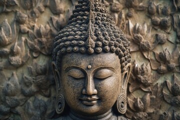 Fototapeta na wymiar Buddha head in front of a stone wall