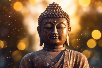Mindful background with peaceful buddha statue meditating in the sunrise - obrazy, fototapety, plakaty