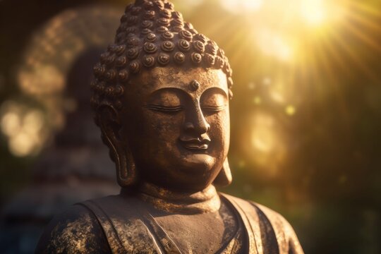 Mindful background with peaceful buddha statue meditating in the sunrise