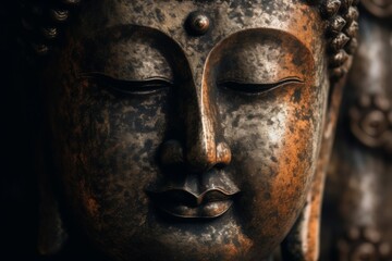 A close up of the face of a buddha statue