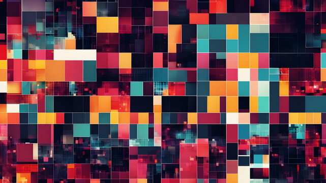Explore the world of pixel art by designing an abstract background using pixelated patterns and vibrant, contrasting colors to create a visually striking and retro-inspired composition