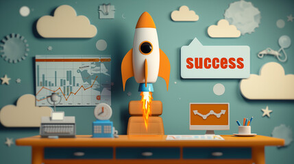 Rocket starting from a cartoony desk symbolizing success - obrazy, fototapety, plakaty