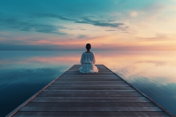 Woman sits on a dock and meditates at the lake