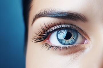 Obraz premium Close-up of a woman blue eye on blue background