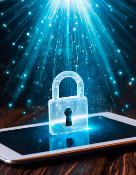 Tablet on a table with mystical light and an artistic image of a padlock. Importance of protecting our digital lives with strong passwords. Identity theft. World Password Day.