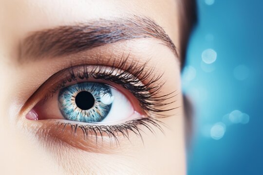 Close-up of a woman blue eye on blue background